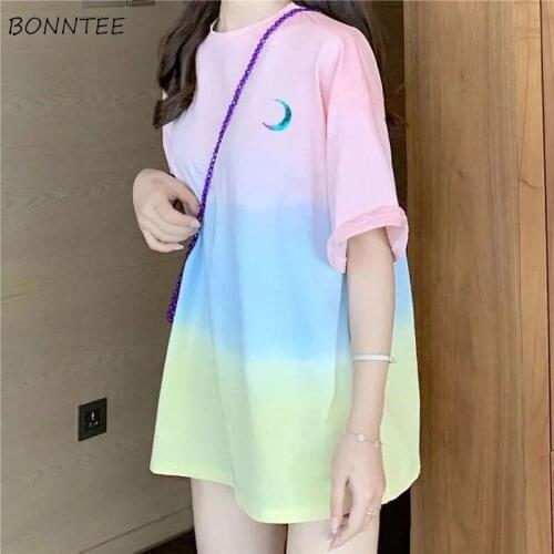 T-shirts Women Korean Stylish Leisure All-match Schoolgirls T Shirt Design Tops Tee Daily Summer Gradient Color O-Neck Harajuku