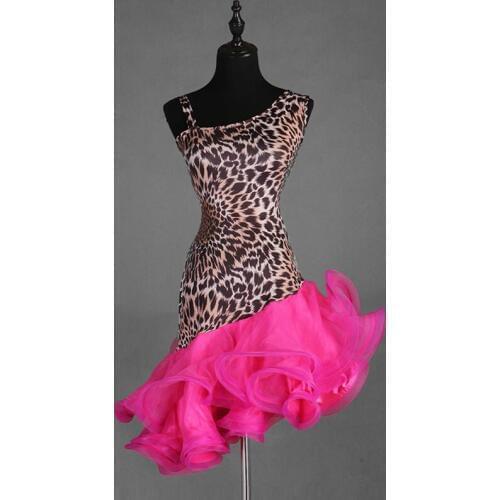 Leopard Sleeveless Latin Ballroom Dance Skirt for Adult Women Dance Competition Costumes Sexy Flamenco Dress 2 Colors B0071