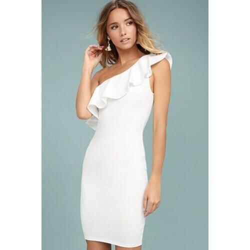 Summer New Fashion Sexy Casual Womens Single Shoulder Sleeveless Collar Lotus Leaf Edge Tights Medium Long White Dress