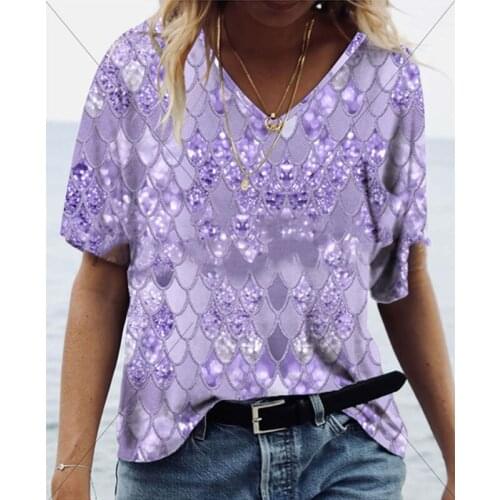 Summer Fashion V-Neck Print Leisure Comfortable Tshirt Loose Plus Size Short Sleeve Tshirts All-Match Ladies Clothes Hot Sale