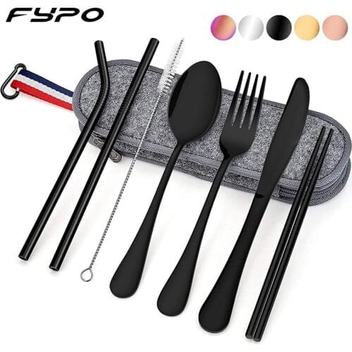 8Pcs Portable Stainless Steel Flatware Set, Travel Camping Cutlery Set, Including Fork Spoon Chopsticks Cleaning Brush Straws