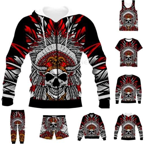New Funny 3D Full Print Indian skull head T-shirt/Sweatshirt/Zip Hoodies/Thin Jacket/Pants Four Seasons Casual Suit V53