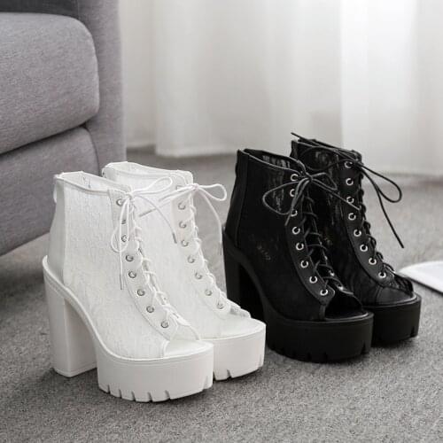 2020 new womens high-heeled short boots sexy fish mouth waterproof Taiwan net yarn breathable zipper thick heel nightclub