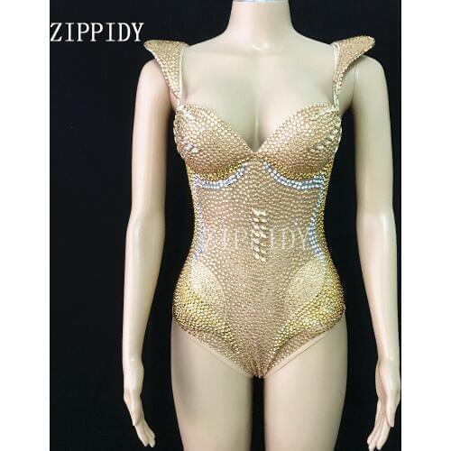 New Gold Full Rhinestones Stage Bodysuit Female Birthday Party Wear Leotard Outfit Singer Dancer Fashion Stretch Sexy Costume