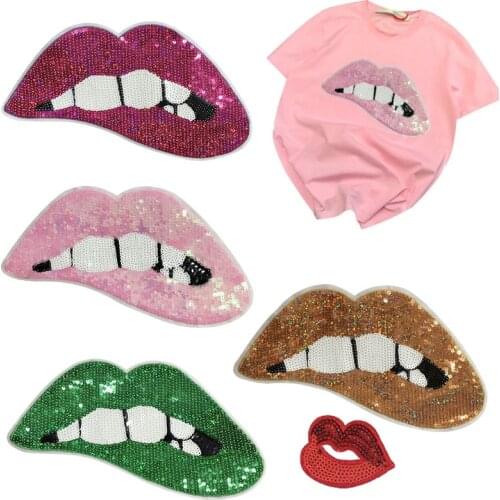 New Biker Patches for Clothing T Shirt Color Lips Sequined Sequins T-shirt Womens Fashion Tops Shirt Girl sew on Patch Clothes