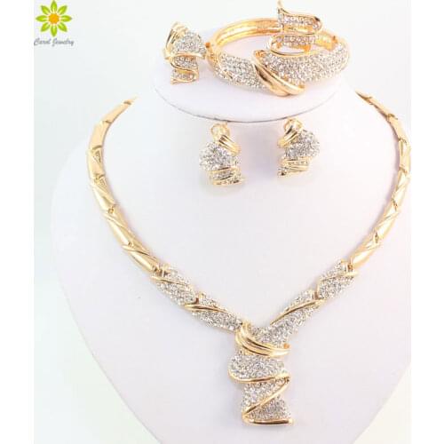 Wholesale Fashion Gold Color Alloy Rhinestone Wedding Jewelry Sets Necklace Bracelet Ring Earrings For Women Bridal