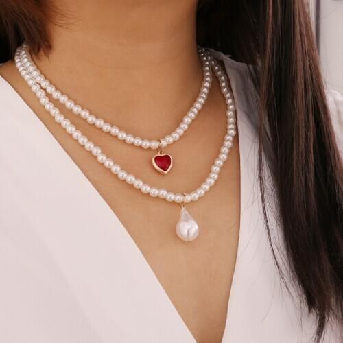 Imitation Pearls Beaded Necklaces for Women Red Heart Pendant Necklace Female Clavicle Chains 2020 Fashion Jewelry Simple New