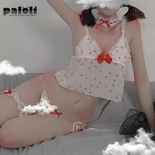 Paloli 2020 New Japanese Girl Sexy Strawberry Sexy Lingerie Lovely Kawaii Private Pajamas Female Sling Bra Short Skirt Set