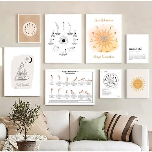 Yoga Sun Salutation & Moon Salutation Celestial Posters and Prints Yoga Studio Wall Art Decor Yoga Gift Art Canvas Painting