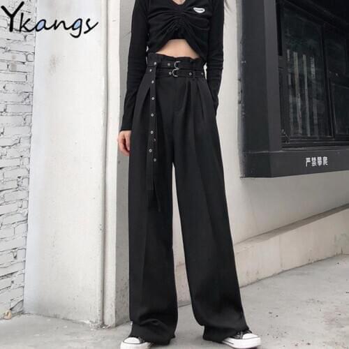 With Belt Straight Baggy Pants Joggers Women Solid Harajuku High Waist Streetwear Korean Trousers Women Vintage Wide Leg Pants