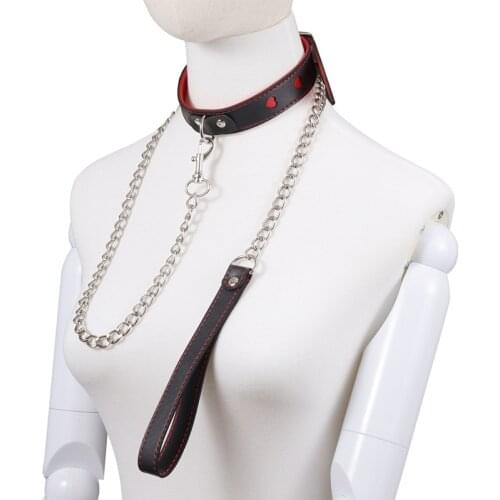Adjustable PU Leather Chain Collar with Leash BDSM Bondage Fetishs Necklace Adult Game for Woman Neck Ring Sex Accessories Toys