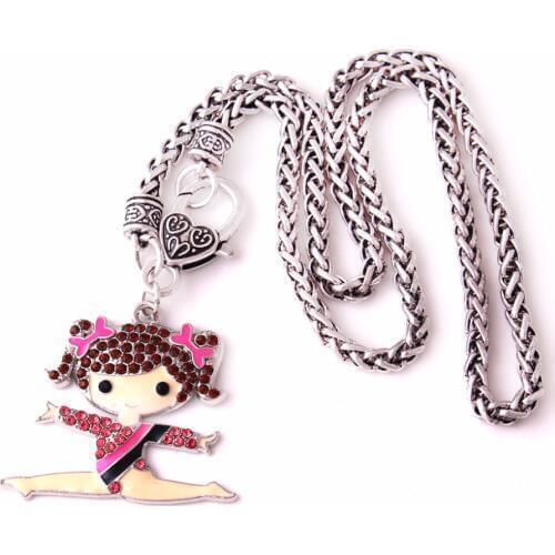 Silver Crystal Cheerleader Cheer Girl Sports Pendant Necklace