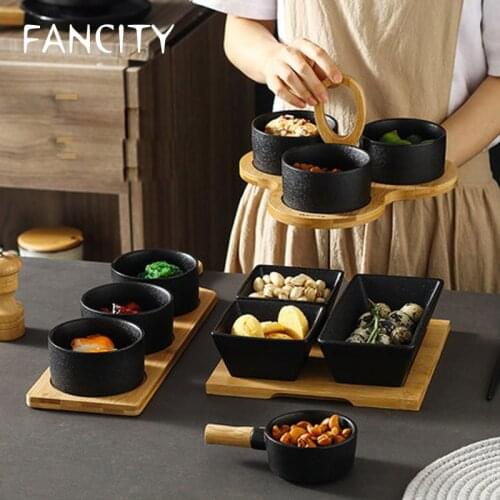 FANCITY Japanese-style tableware household divided plate creative ceramic divided small bowl snack nuts dried fruit divided