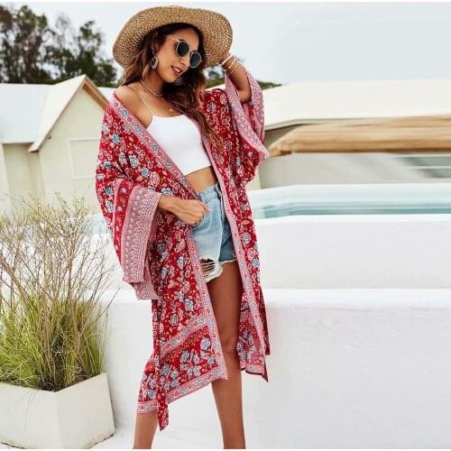 Super Chic Kimono sleeve robe Kaftan Floral print Boho cardigan sexy Side Slit Gypsy boho beach summer long women blouses shirts