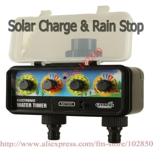 2-Zone 2-mode Garden Water Timer with solar charge and rain stop function auto garden irrigation timer