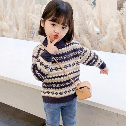Knitting Spring Winter Round Neck Pullover Turtleneck Sweater Girls Kids Childrens Warm Thicken Plus Velvet Printing Clothing