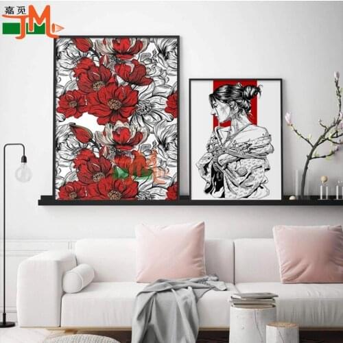 Japanese Ukiyoe Diamond Painting Handmade Girl Floral Mosaic Picture Embroidered Red Flower Woman Cross Stitch Living Room Decor