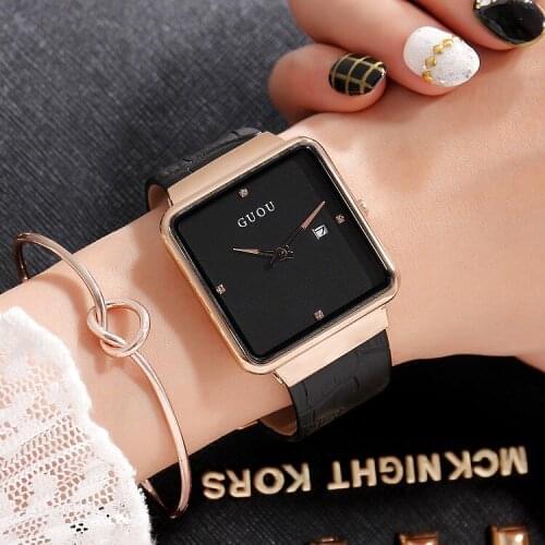 2021 New Leather Strap Calendar Simple Personality Square Elegant Womens Quartz Watch