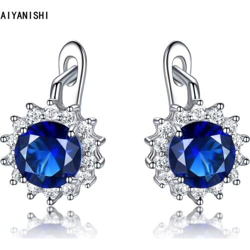 AIYANISHI 100% Real 925 Sterling Silver Earrings Jewelry Women Halo Created Nano Sapphire Stud Earrings Gift for Girl Teens Lady