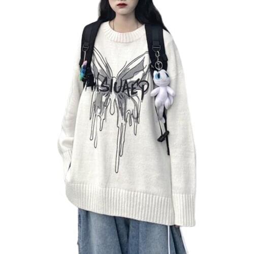Hip Hop Street Style Womens Oversized Knitted Pullover Winter Butterfly Print Loose O-Neck Sweater Girls' Tricot Jumper St031