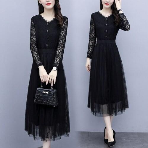 Womens Elegant Black Lace Dress Long SLeeve Autumn Birthday Party Cocktail Loose Slim Casual A-Line Skater Swing V-Neck Dresses