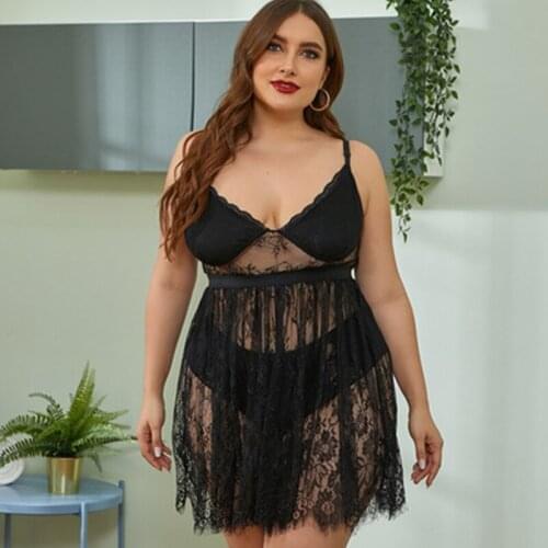 Plus Size XL-4XL Lingerie Nightwear Ladies Home Clothes Erotic Sexy Black See-through Lace Sleepwear Dress With Panties