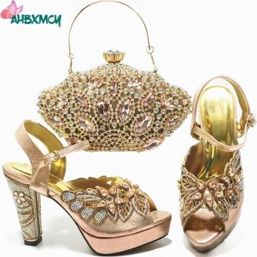 Winter Mature Style African Women Shoes and Ba to Match in Champagne Color Super High Heels Sandal with Platform for Christmas