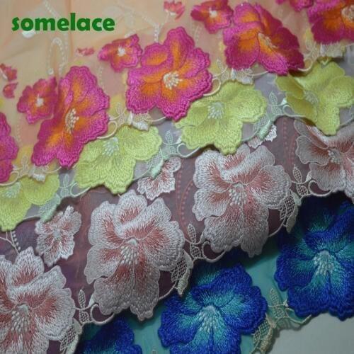 2Y 22-26cm Wide Blue~Pink~Yellow~Rose Gauze Big flower Embroidery Floral Lace Hight Quality Lace Fabrics Embroidered Lace
