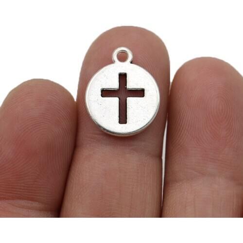 20PCS Antique Silver Plated Round Cross Charm Pendants for Jewelry Making Bracelet DIY Accessories 15mm