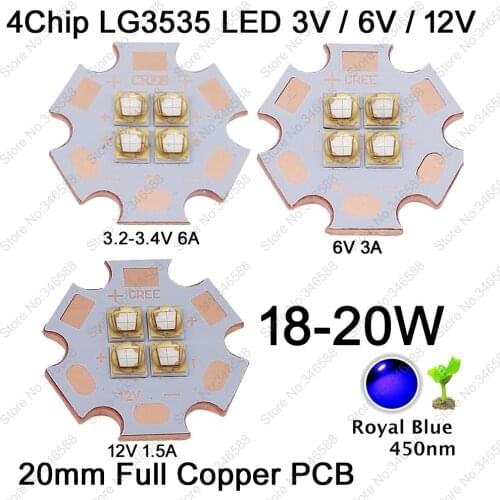 5pcs 3V 6V 12V LG3535 18W 4Chips 4LEDs Royal Blue 450nm High Power LED Lighting Emitter Chip Diode on 20mm Copper PCB