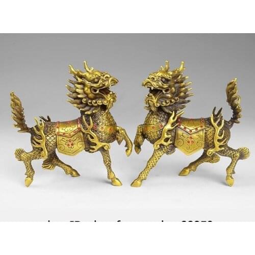 6 Chinese Brass Fengshui Dragon Kirin Unicorn kylin Chi Lin Figurine Statue Pair