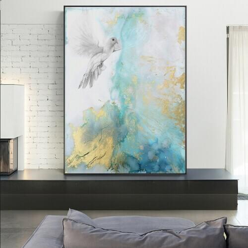 Abstract Blue Gold Modern Peace Canvas Painting Pictures For Living Room Art Pictures Wall Art Canvas Pigeon Home Decoration