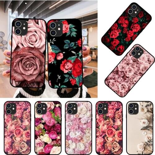Phone Case For Apple IPhone 12 Mini 11 Pro XR X MAX SE XS 4 5 6 6S 7 8 E Plus Black Cover Back Tpu Bumper Art Flower Red Rose