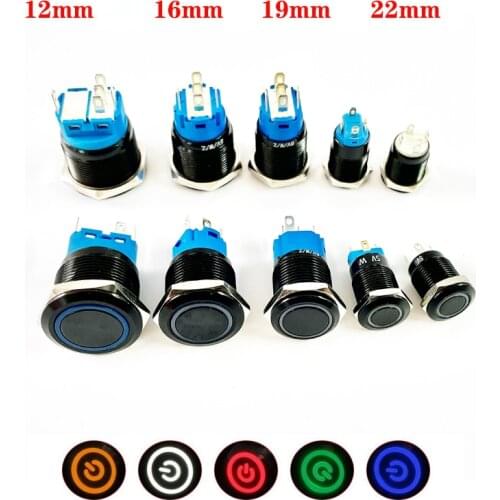 Black Push Button Switch 12/16/19/22mm Waterproof illuminated Led Light Metal Flat Momentary Switches with power mark 5V 12V 24V