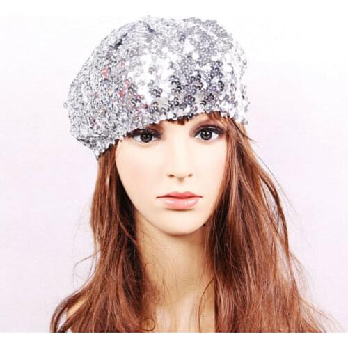 Women Glitter Beanie Cap Stretch Sequins Shining Beret Hat Party Club Dance Cap Chic Black Silver Red Gold Pink Sequin Beret Hat