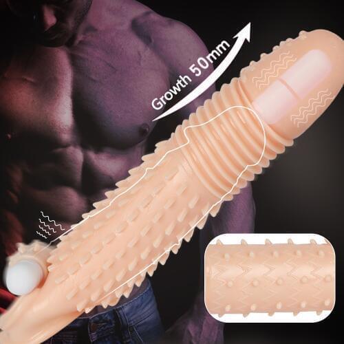 Reusable Penis Erection Sleeve Double Vibrating Silicone Penis Sleeve Dick Cock Enlargement Extension Sex Toy for Men Gay Adult