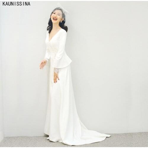KAUNISSINA Long Sleeve Boho Wedding Gowns Women V-Neck Lace Buttons Decor Elegant Satin Beach Wedding Dresses with Train