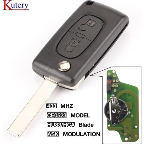 Kutery CE0523 Flip Remote key for Peugeot 308 3008 408 2 Button 433MHZ PCF7941 ask Electronic Circuit Board HU83 Key before 2010