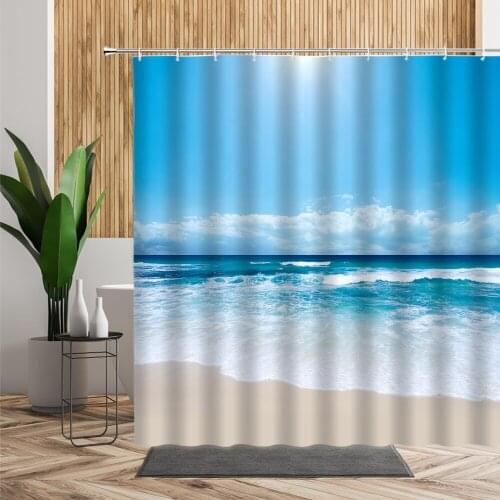 Summer Beach Shower Curtain Blue Sea Shell Ocean Waves Landscape Bathroom Partition Bathtub Screen Waterproof Bath Curtains Set