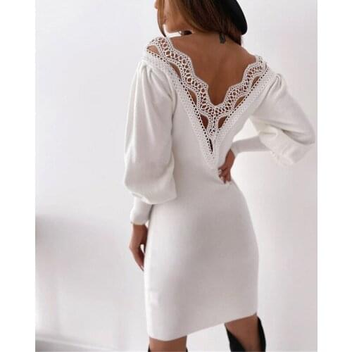 Nightclub Dress Elegant Female Lace Pencil Skirt Puff Sleeve Long Sleeve V-neck Mini Dresses White Elegant Womems Dress 2021New