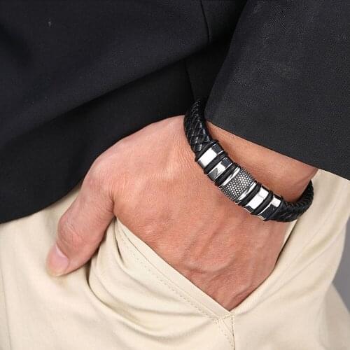 Fashion Bracelet Men Stainless Steel Magnetic Clasps Braided Black Leather Bangles Jewelry Gifts
