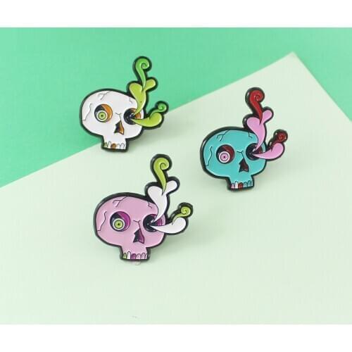 Cartoon Pins White Pink Green Skeleton Skull Halloween Gifts Burst Brain Eyeballs Sprout Brooch Backpack Bag Halloween Pin Jewel