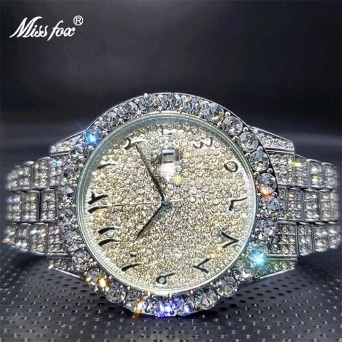 Montre Homme Luxe MISSFOX Iceout Gypsophila-Style Arabic Numbers Dial Quartz Watch Bezel with Big Diamond Wristwatch Droshipping