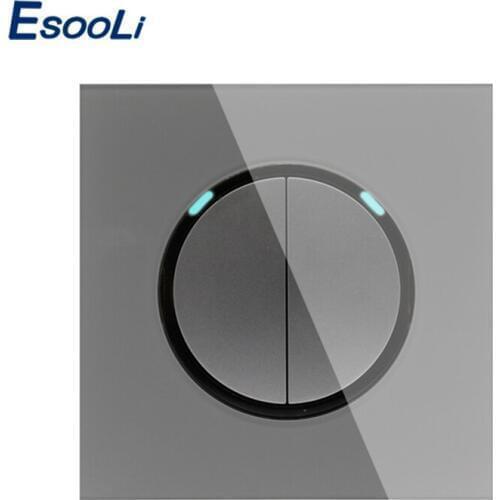 Esooli 2 Gang 1 Way Random Click On / Off Wall Light Switch With LED Indicator Knight Gray Crystal Tempered Glass Panel