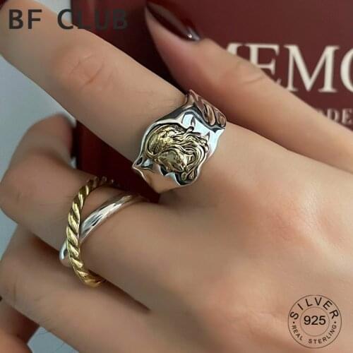 Real 925 Sterling Silver Finger Rings For Women X Wide Irregular Trendy Fine Jewelry Large Adjustable Antique Rings Anillos