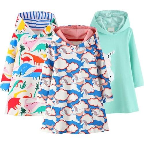 New Girl Unicorn Hooded Casual Dress Baby Kid Cartoon Dinosaur Clothes Autumn Winter Toddler Cotton Princess Dress Child Costume