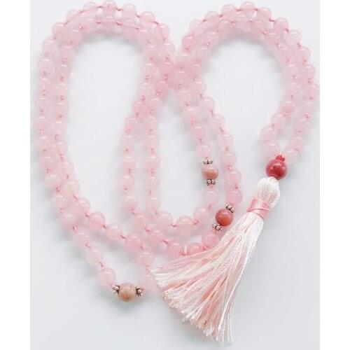 108 Mala Beads Necklace RoseQuartz Necklaces Prayer Yoga Jewelry For Love & Emotional Health Buddhist Rosary Knotted Tassel Neck
