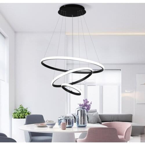 Modern LED Chandelier Ceiling for Living Room Dining Kitchen Black Circle Hanging Pendant Lamp Bedroom Loft Interior Lighting
