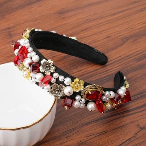 Haimeikang Edition Baroque Crown Full Rhinestone Handmade Hair Bands Red Crystal Velvet Wide Headband Wedding Hair Jewelry