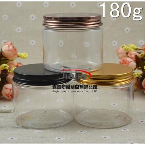 180g Transparent PET Round jar, 180ml clear PET Cosmetic Empty Container with black/bronze/gold aluminum lid,Makeup Packaging